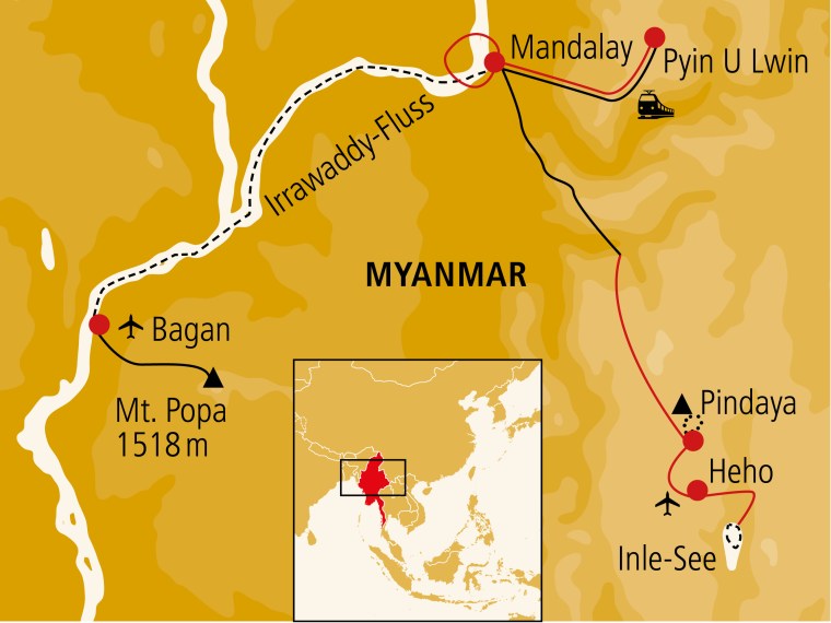 Übersichtskarte der Reise durch Myanmar/Burma